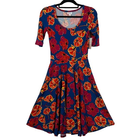 Lularoe Nicole Fit & Flare Midi Dress Sz XS Floral Tropical Hawaiian Resort NWT - Picture 1 of 9